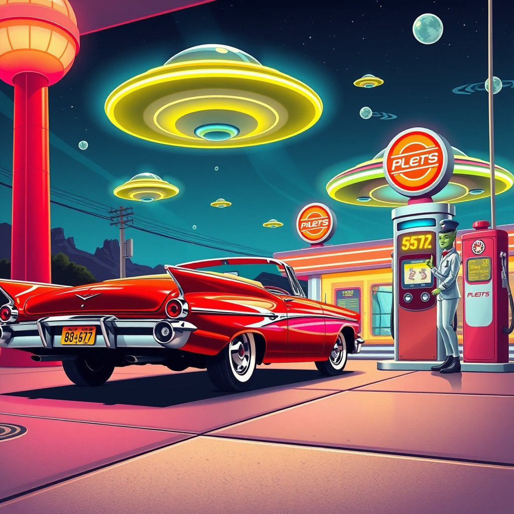 Retro Futuristic Gas Station with UFOs in Cartoon Style