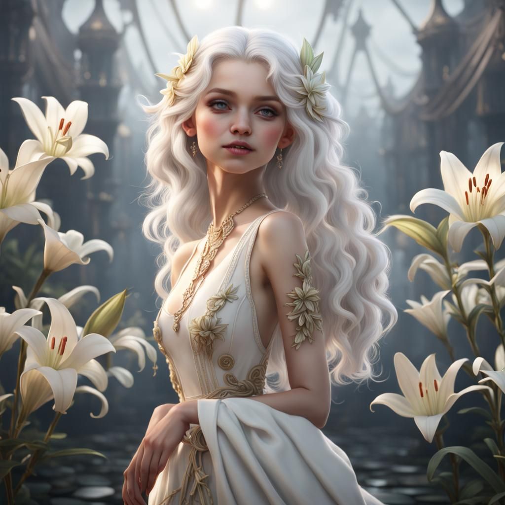 Elegant Lily Girl with Ivory Hair in Matte Painting
