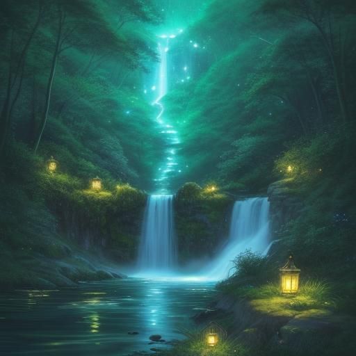 Dreamlike Waterfall Scene with Fireflies Concept Art