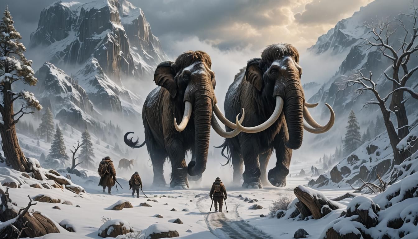 Hyperrealistic Mammoth in Winter Fantasy Landscape