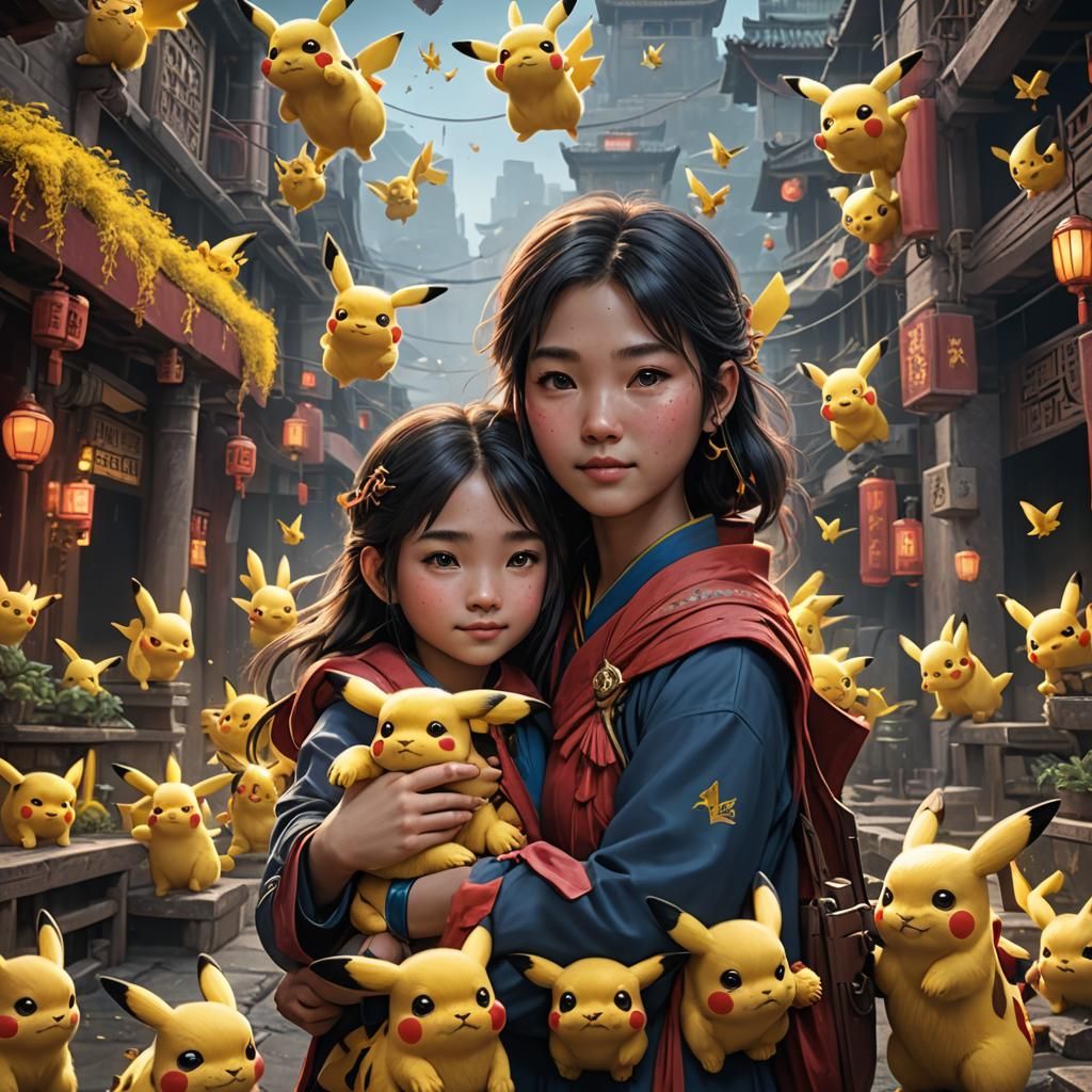 Chinese Girl Hugging Pikachus in Detailed Matte Painting