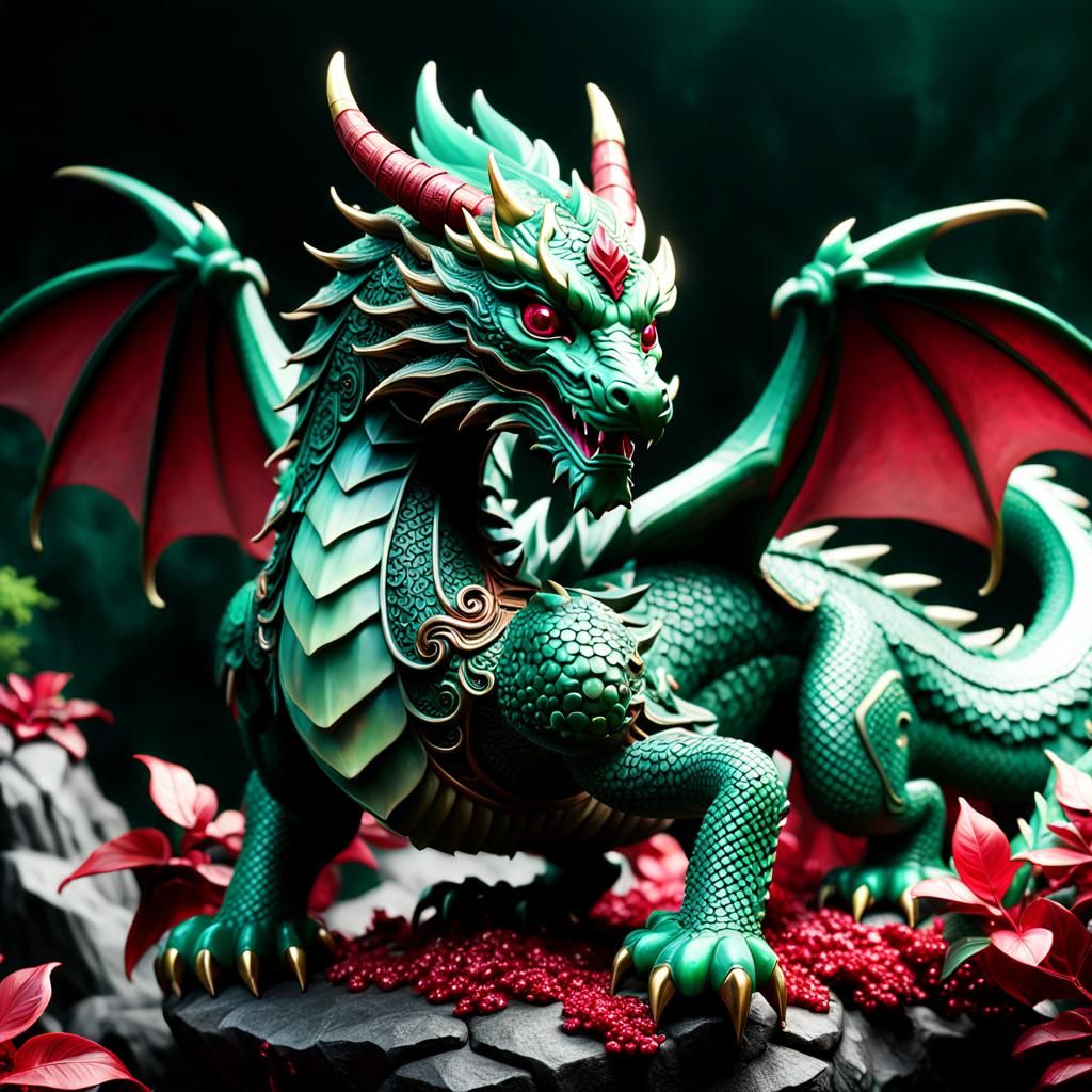 Jade Dragon Figurine with Ruby Eyes in Detailed Matte Painti...