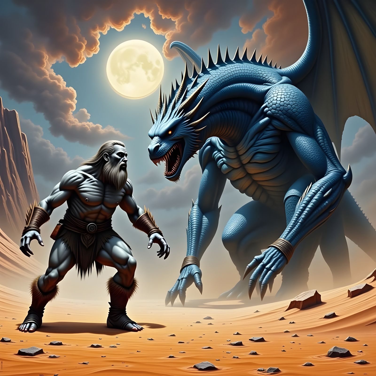 Giant Man Battles Blue Dragon in Desert Wasteland