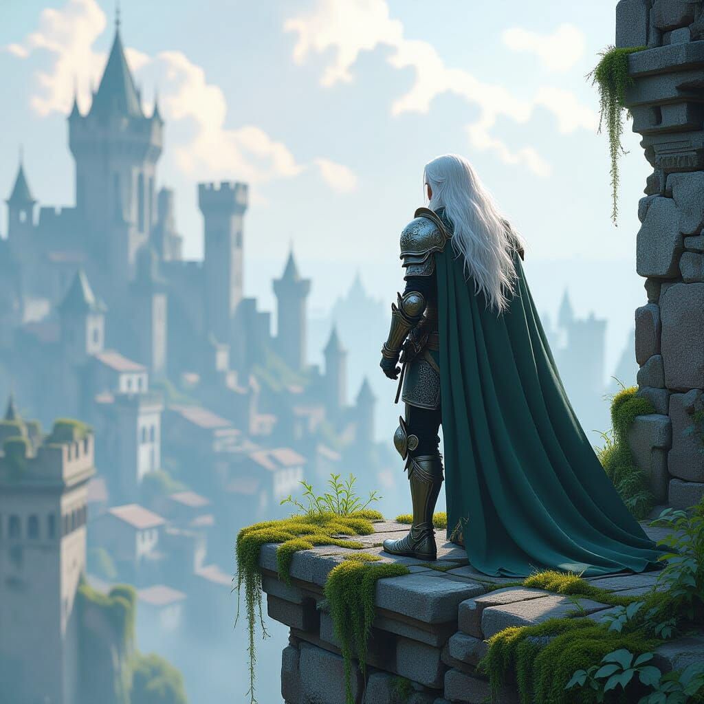 Knight Overlooking Ruined City in Digital Painting Style