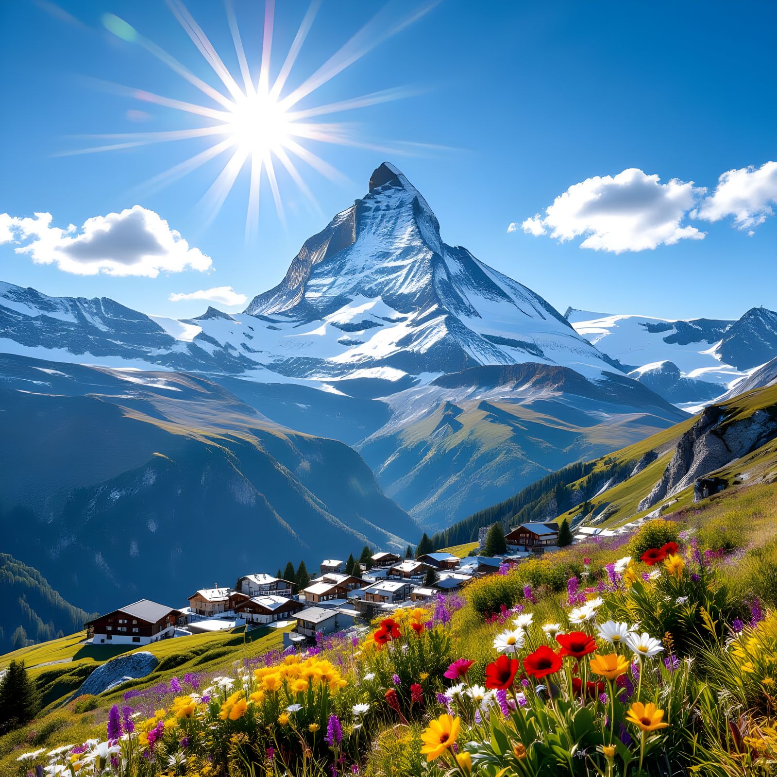 Zermatt Village View: Snowy Peaks Above Alpine Meadow