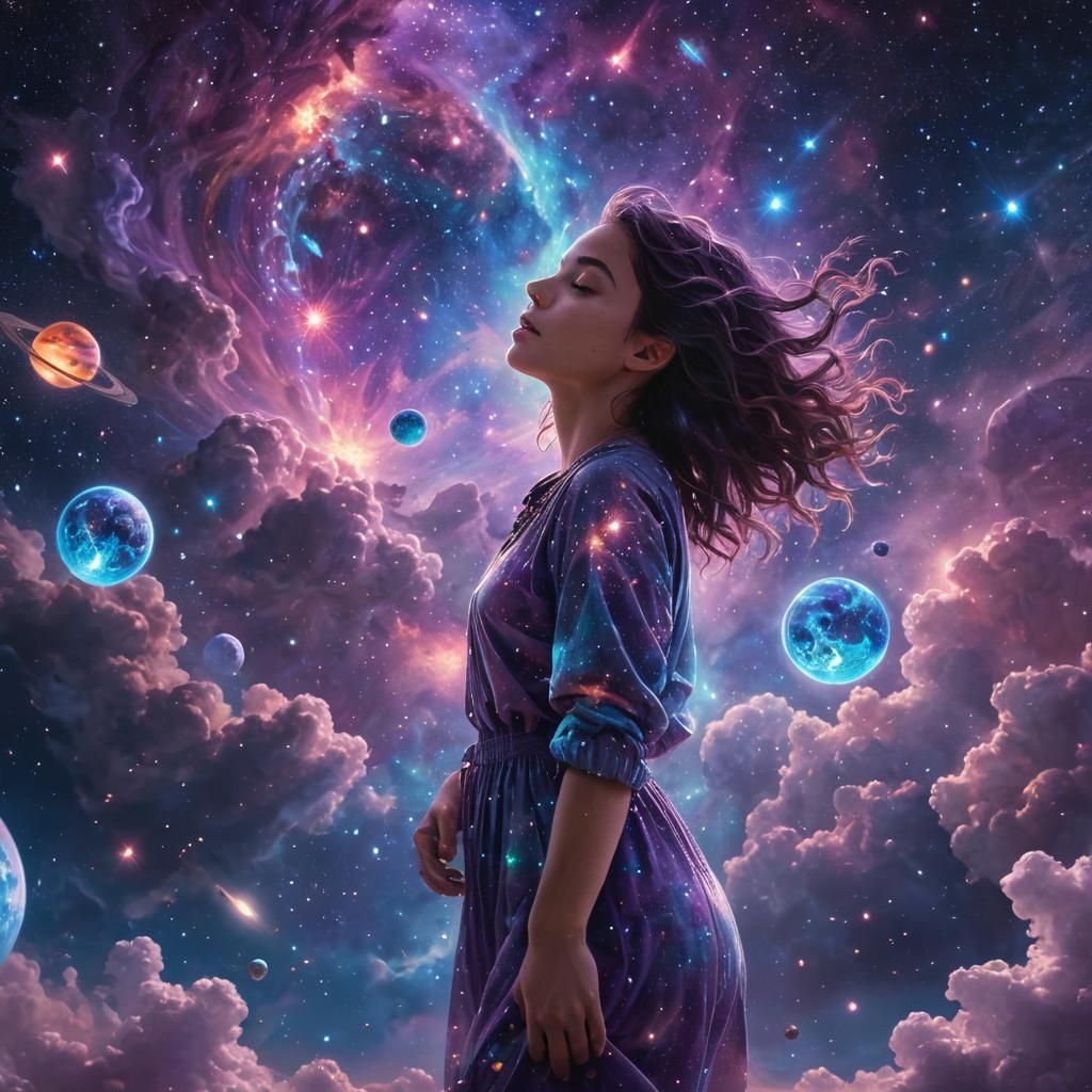 Girl Plays in Cosmos: Holographic Astral Illustration