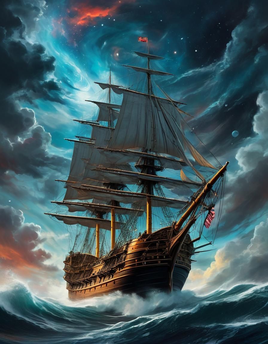 Fantastical Sailing Ship Navigating Turbulent Waters