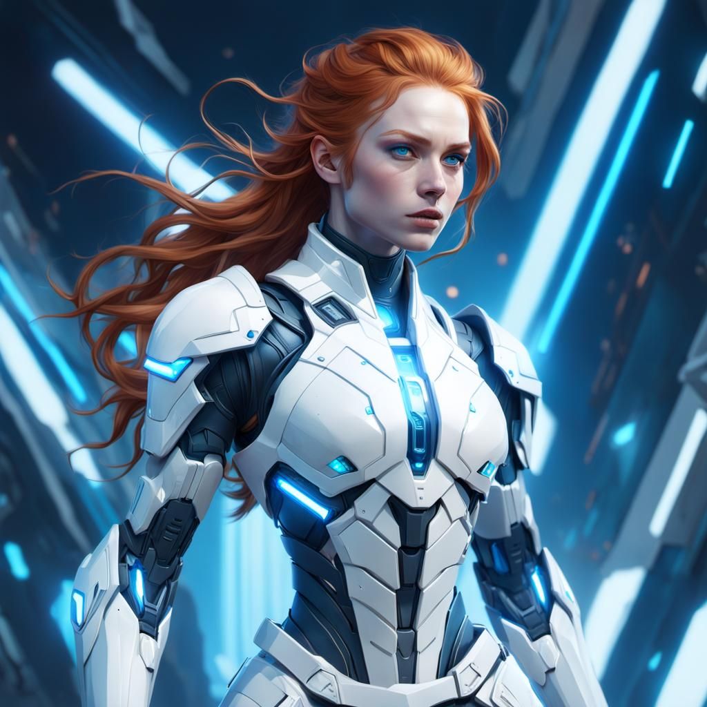 Ginger Hero in Futuristic Armor with Blue Energy