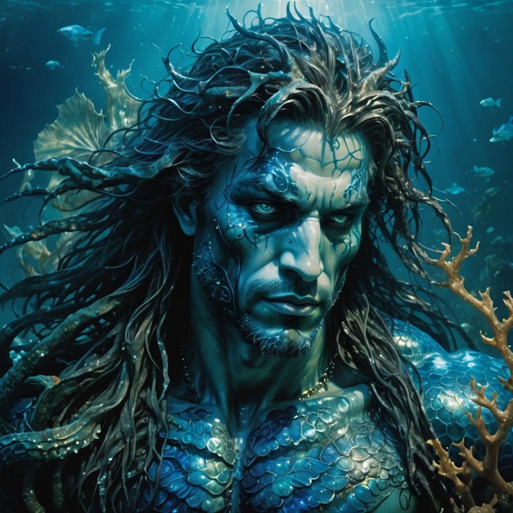 Blue Merman Demon King in Dark Fantasy Art