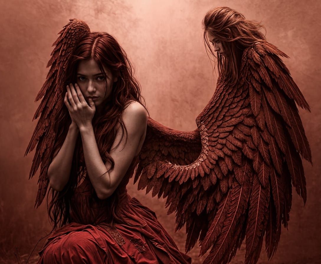 Dystopian Red Angel with Broken Wing