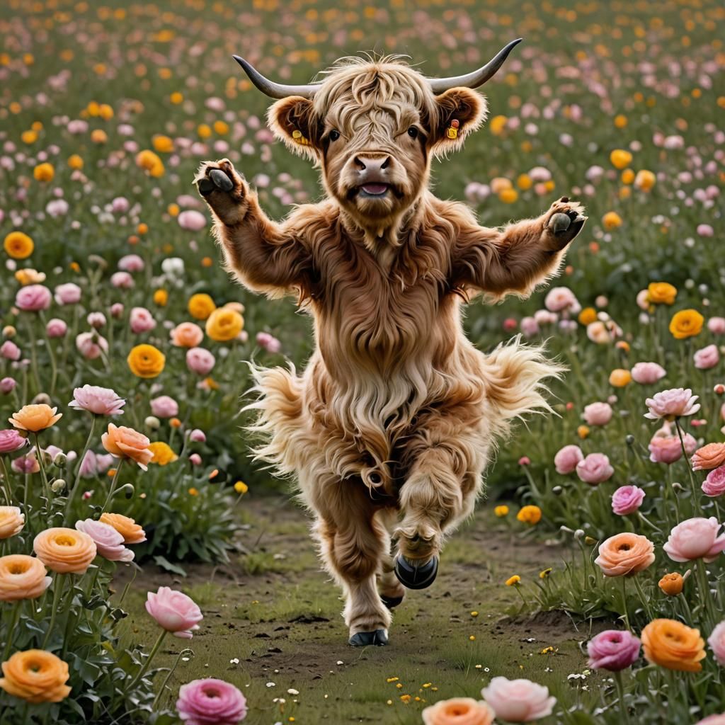 Happy Baby Highland Cow Ballerina in Ranunculus Field