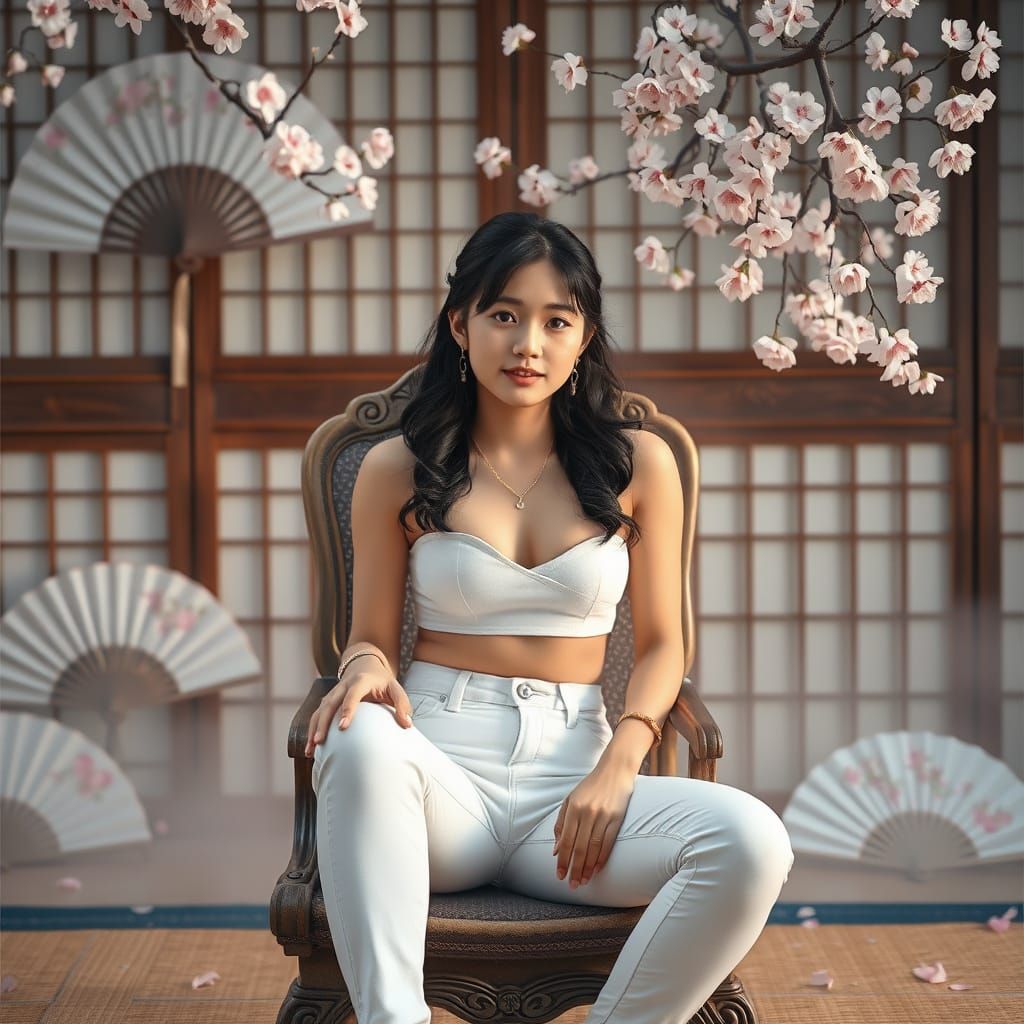 Japanese Woman in Traditional Setting, Golden Hour