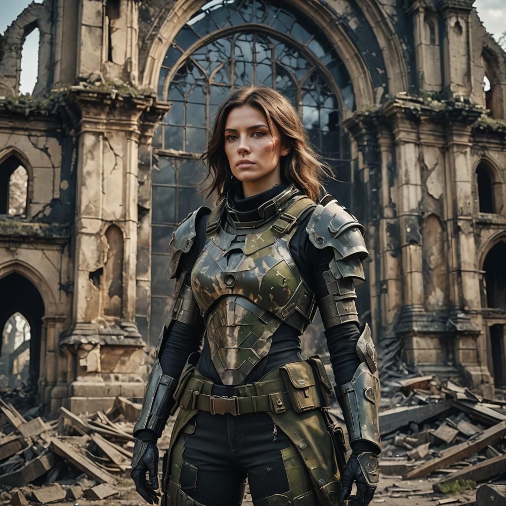 Armored Woman in Ruined Village: Post-Apocalyptic Art