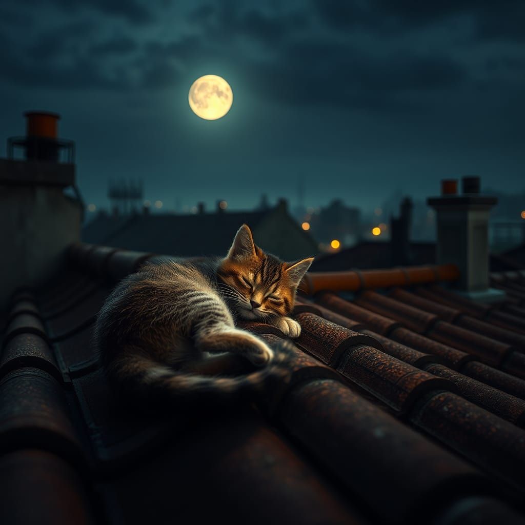 Kitten Sleeping on Rooftop in Hyperrealistic Style