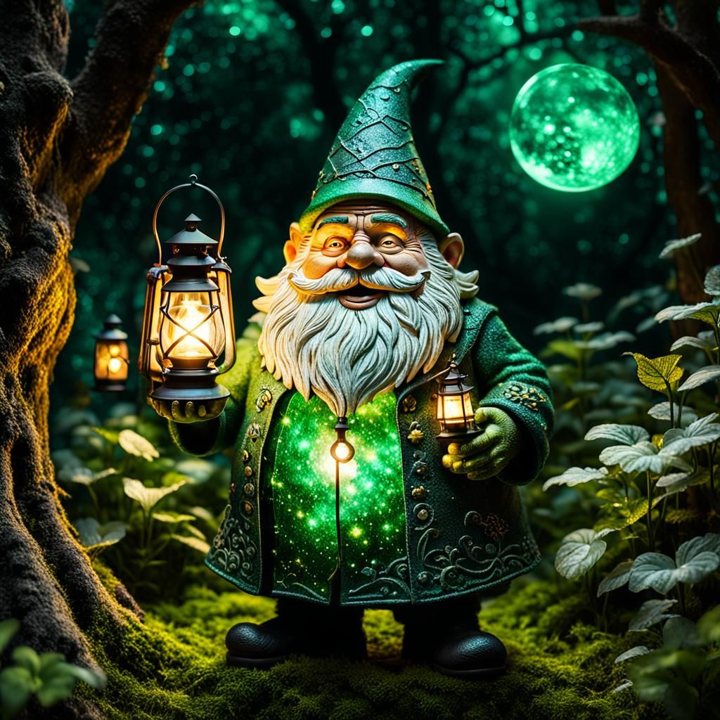 Crystal Gnome Lantern in Dark Garden, Glass Art