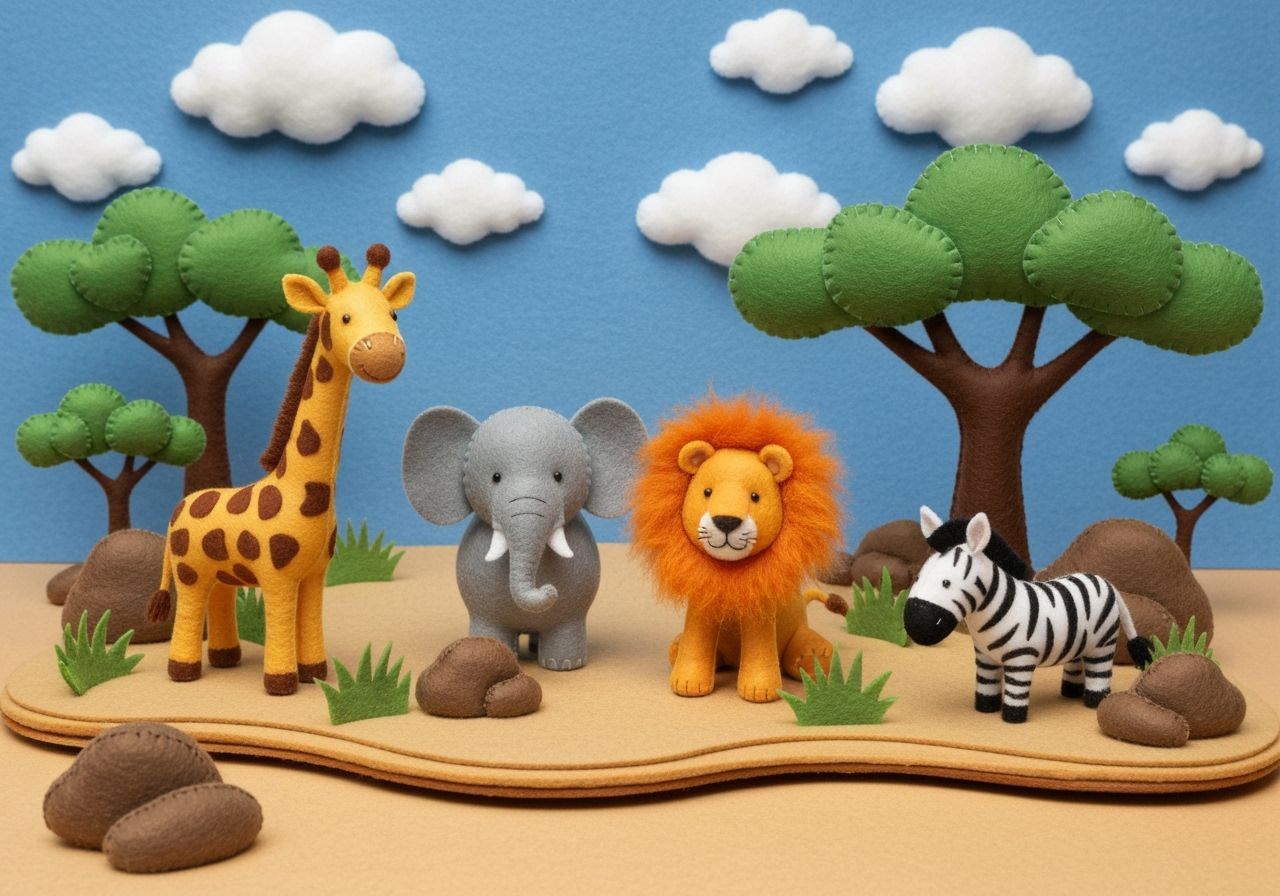 3D Felt Safari Diorama with Plush Animals