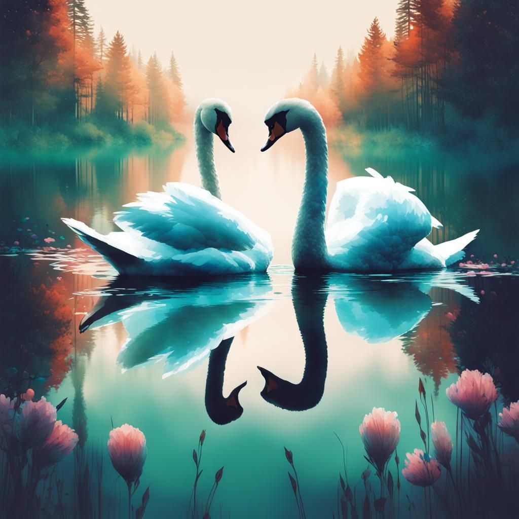 Double Exposure Swan on Emerald Lake, Artistic Style