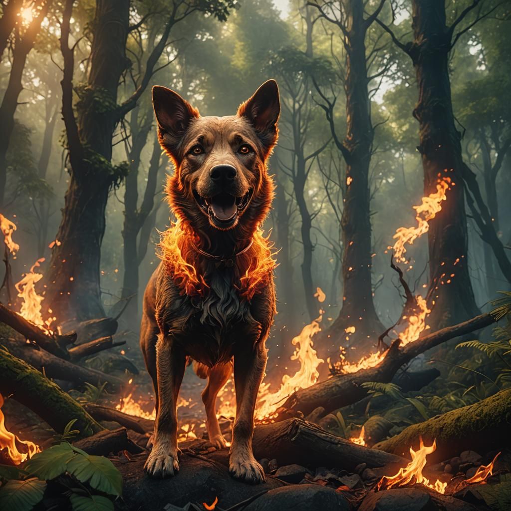 Dog Ablaze in Lush Forest: Fantasy Concept Art