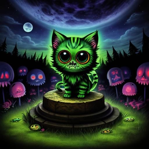 Psychedelic Zombie Kitten in Chibi Cartoon Style