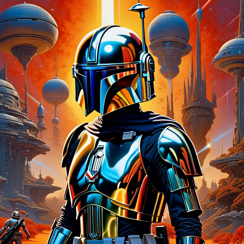 Mandalorian Skirmisher in a Surreal Sci-Fi Galaxy