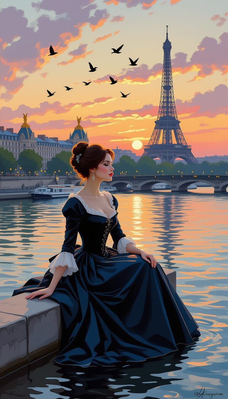 Parisian Dusk: Elegant Woman in Impressionistic Cityscape