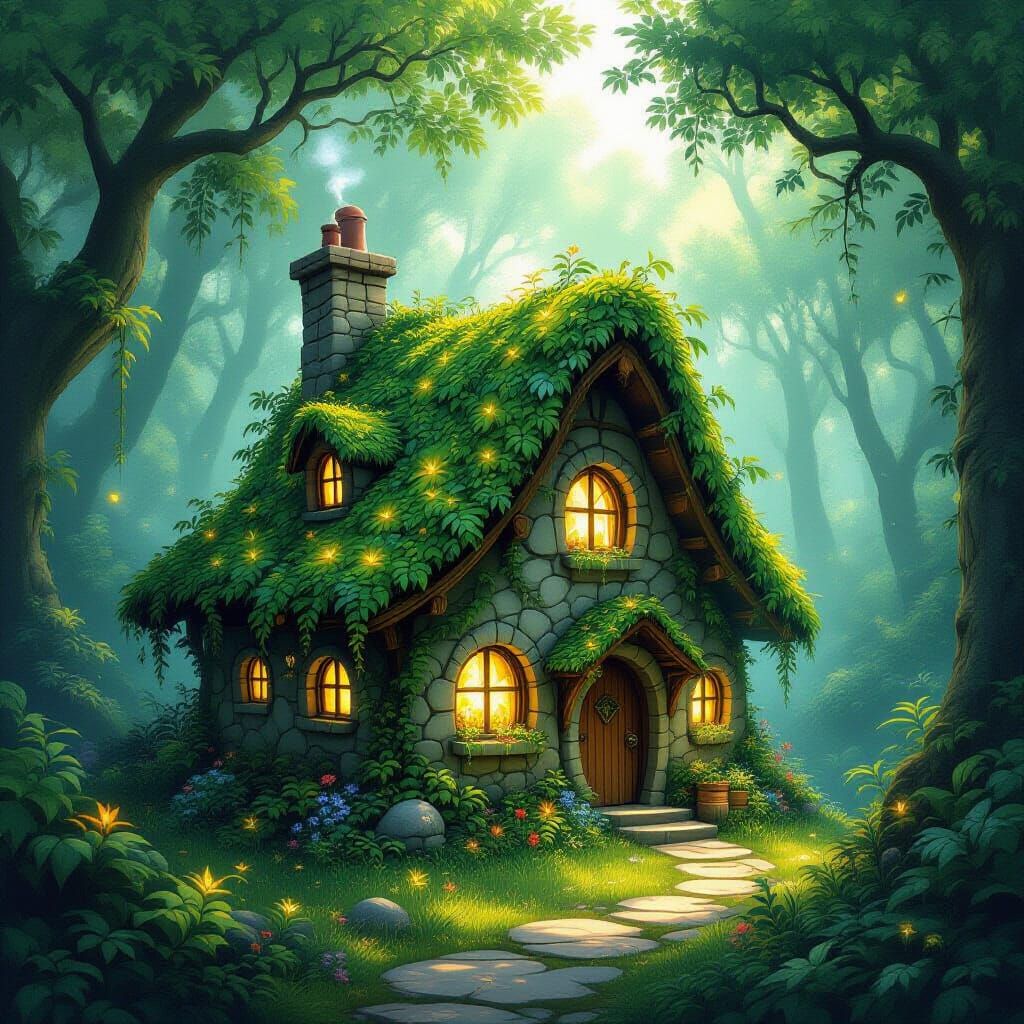 Enchanted Forest Cottage Bathed in Ethereal Sunlight