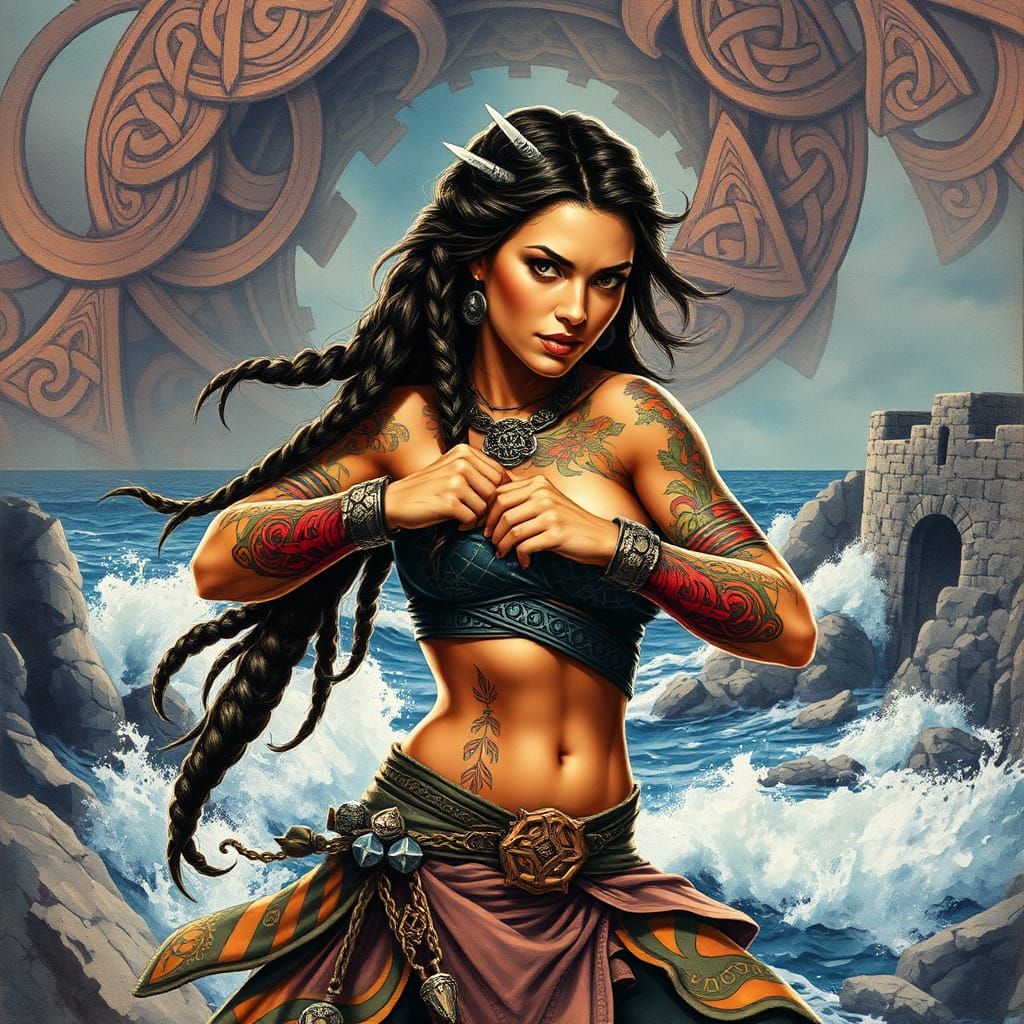 Dynamic Latina Warrioress in Dystopian Seascape