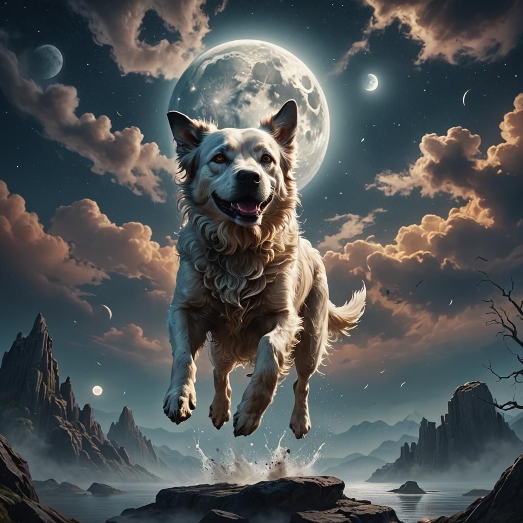 Ethereal Dog Floating Above the Moon