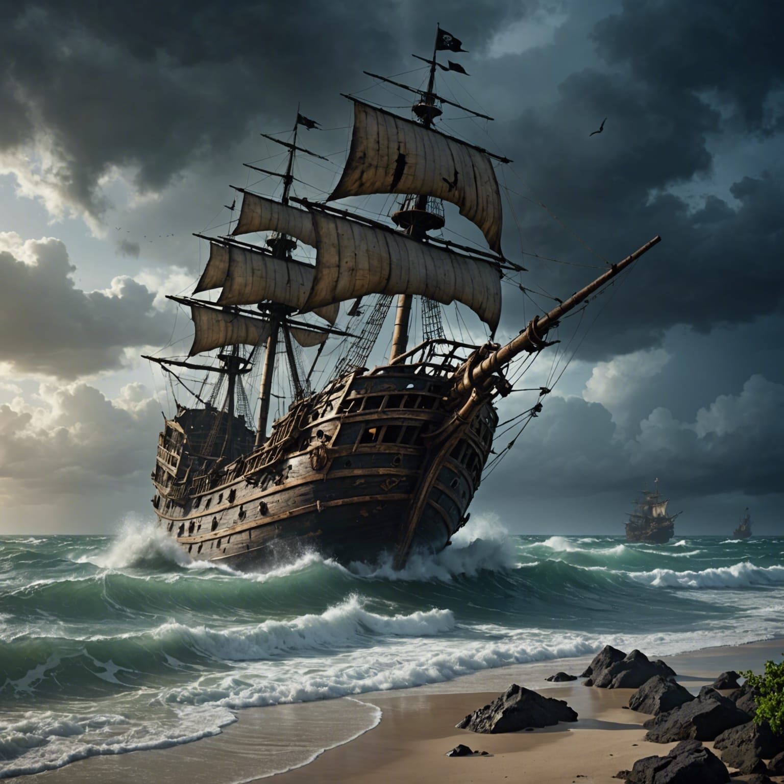 Pirate Shipwreck on Deserted Island in Storm