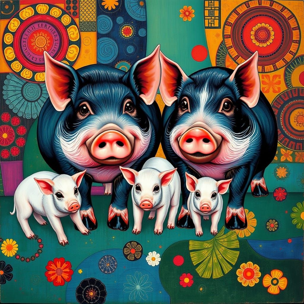 Vietnamese Piglets in Abstract Art Nouveau Style