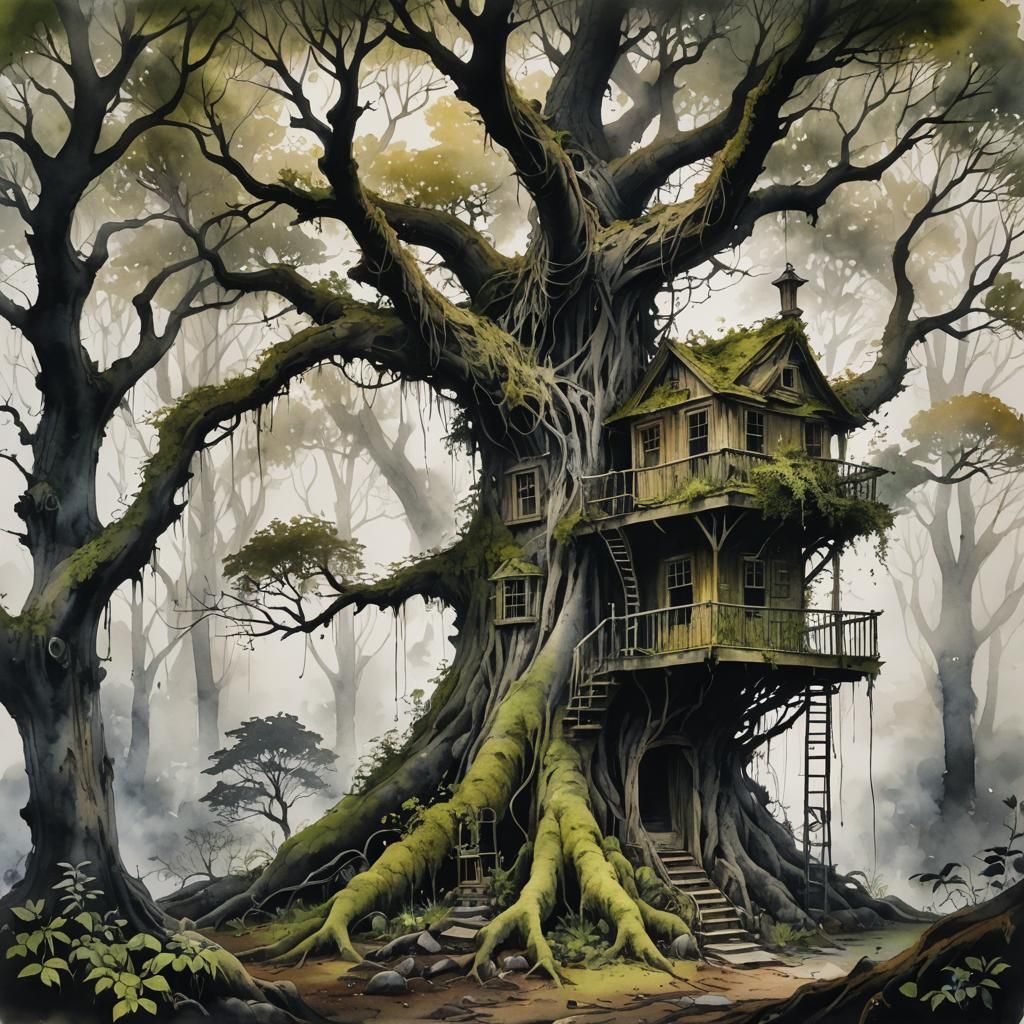 Smoky Treehouse Hideout in Watercolor and Ink
