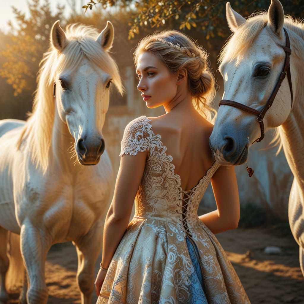 Renaissance Woman with White Horse Oil Painting