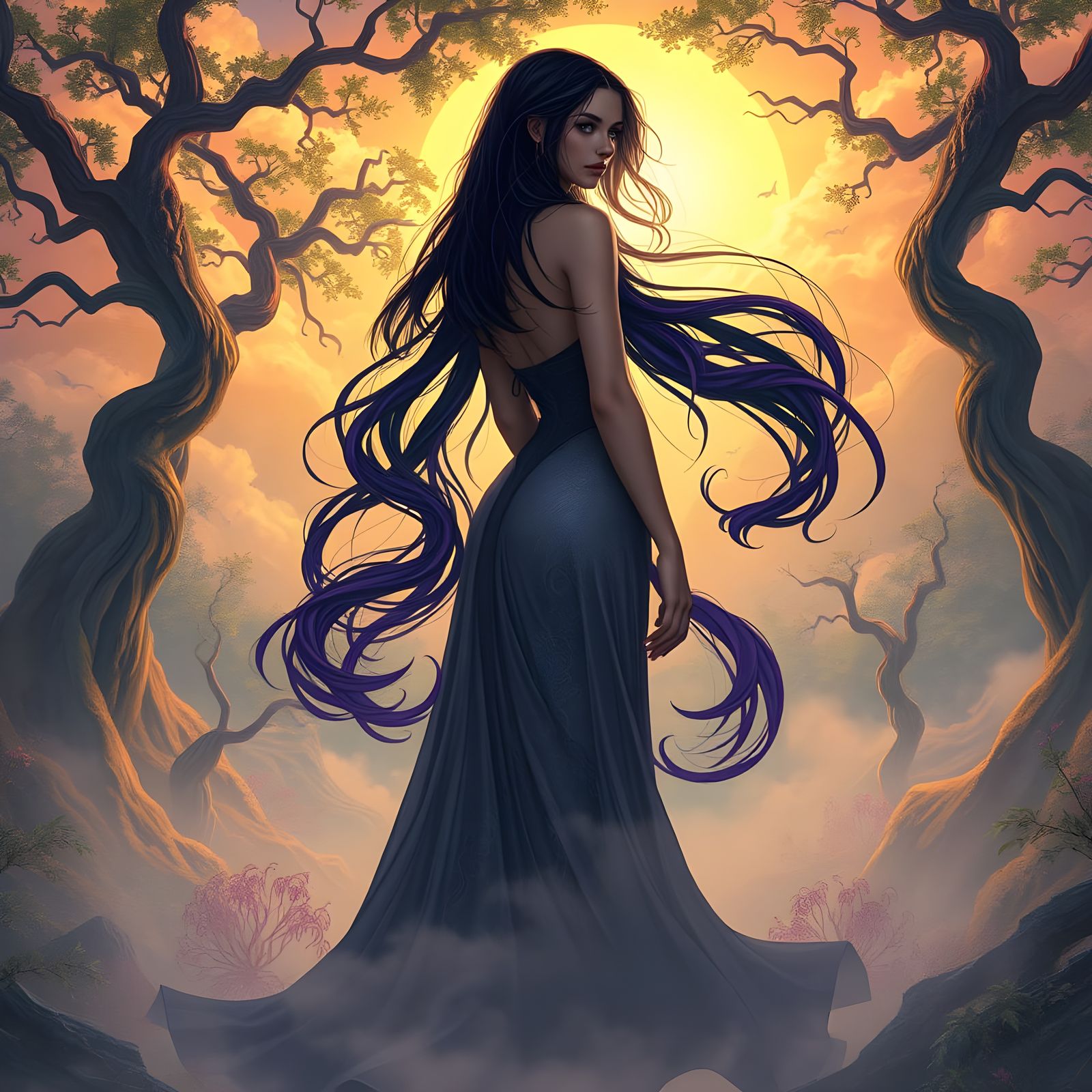 Enchanted Whimsy Scene with Flowing Hair and Fantastical Lan...