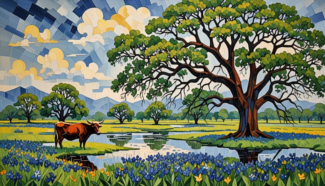 Texas Hill Country Landscape in Cubist Style
