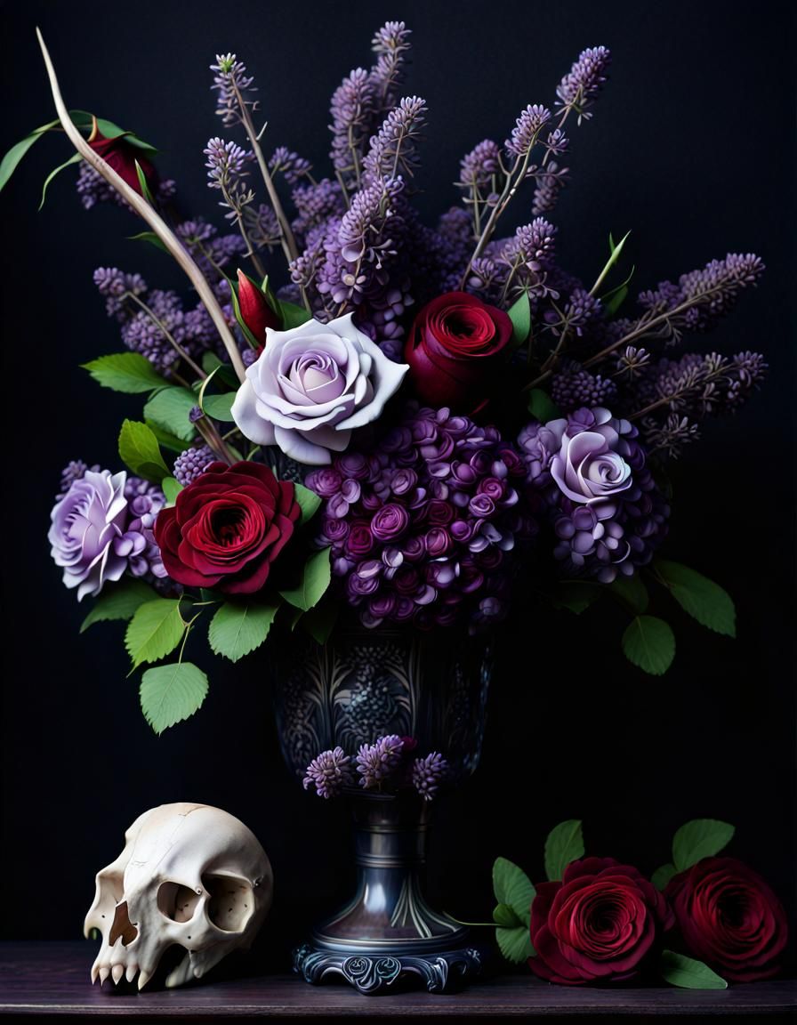 Gothic Flower Arrangement with Ram Skull