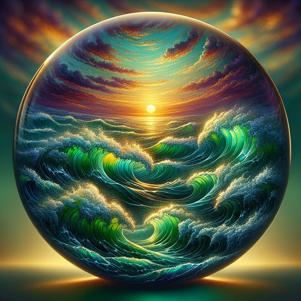 A blown glass orb with a beautiful green ocean scene with vibrant green wave, gorgeous with a golden sunset,