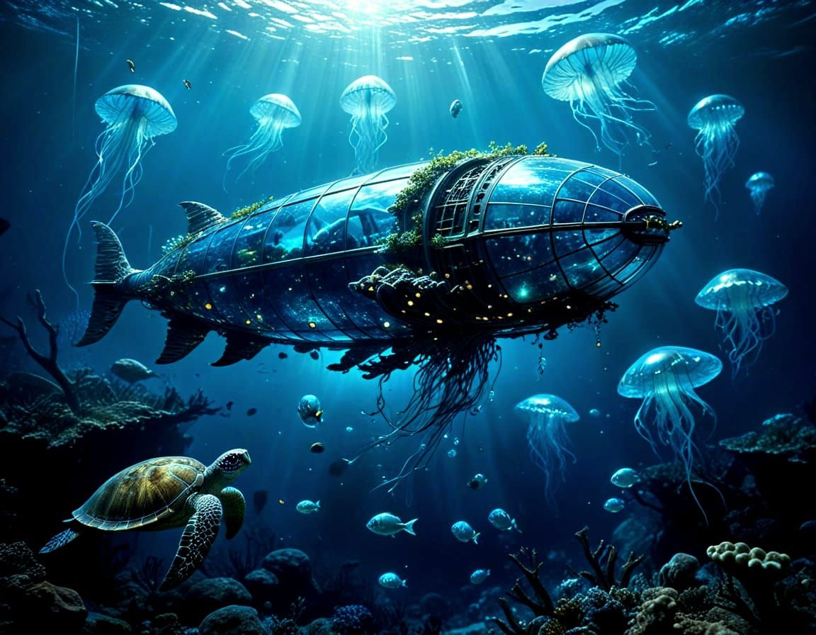 Surreal Coral Zeppelin Drifting Through Bioluminescent Sky