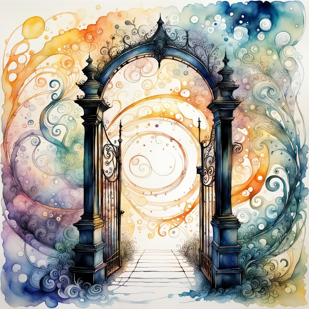 Surreal Dreamscape: Watercolor Ink Splash Through the Gate