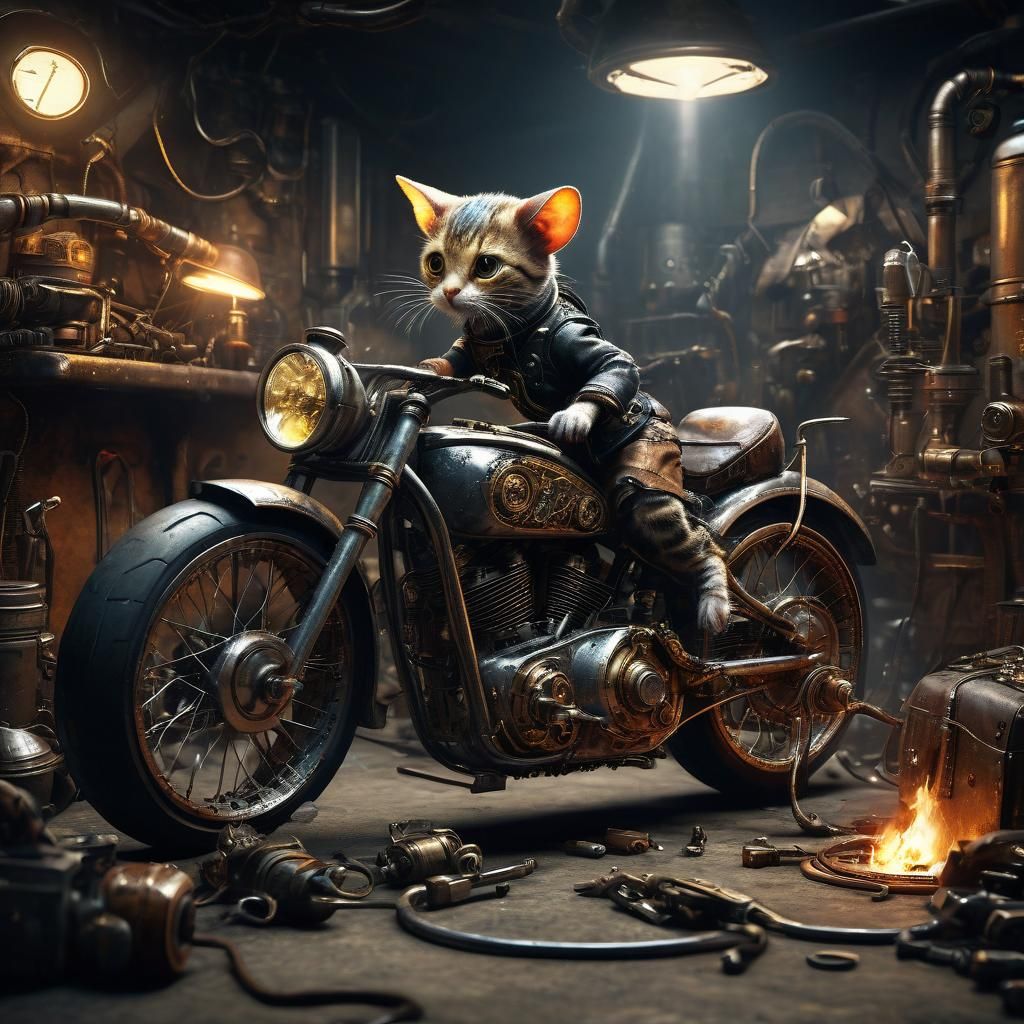 Steampunk Mouse Mechanic in a Vibrant Underground Garage