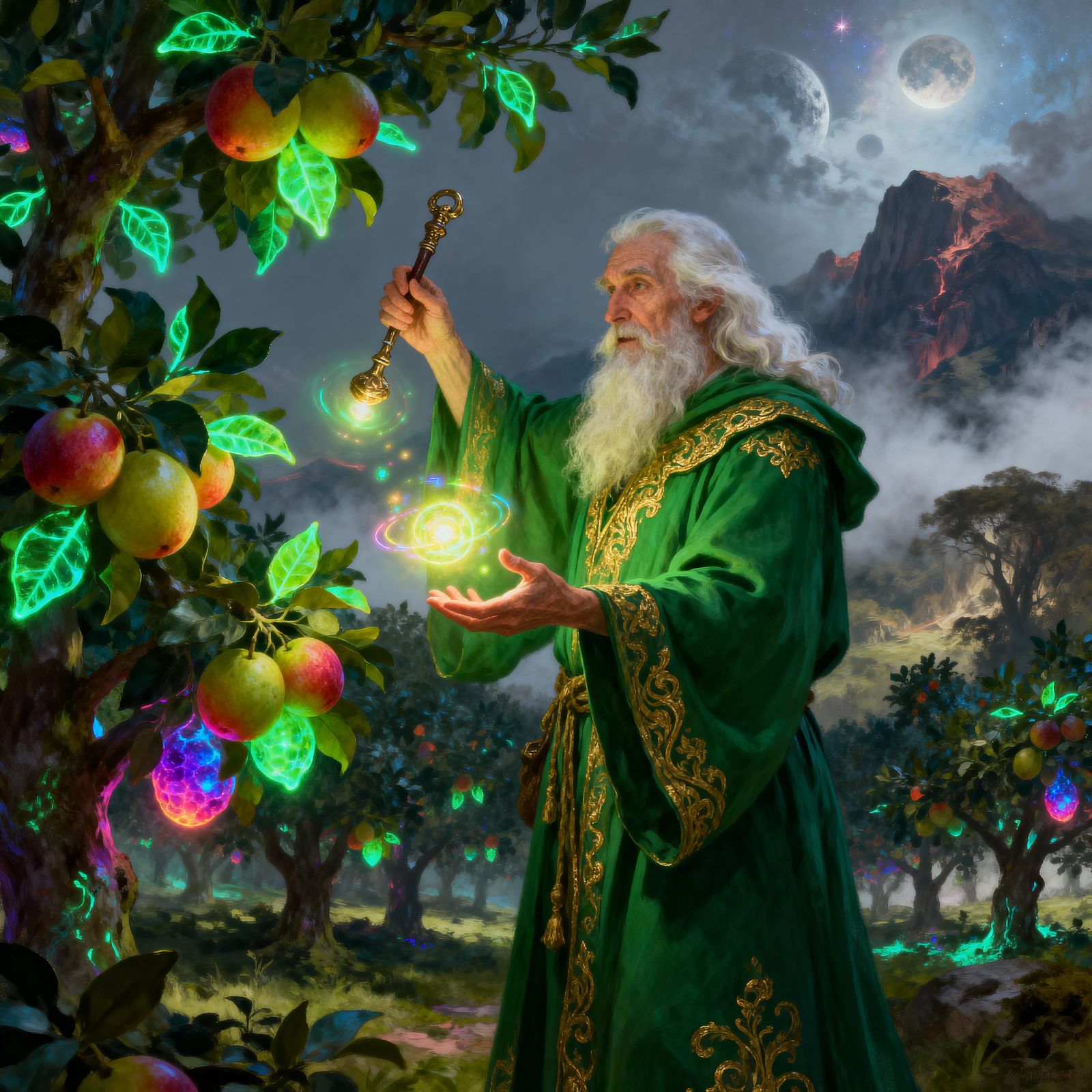 Wizard Tends Magical Orchard in Epic Classical Painting Styl...