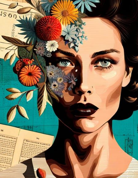 Retro Girl with Flowers: Fragmented Collage Art Print
