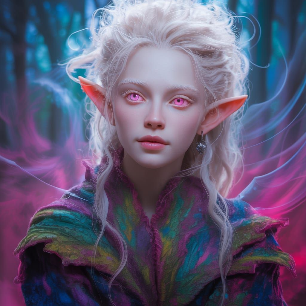 Albino Elf Portrait with Pink Eyes and Wild Hair