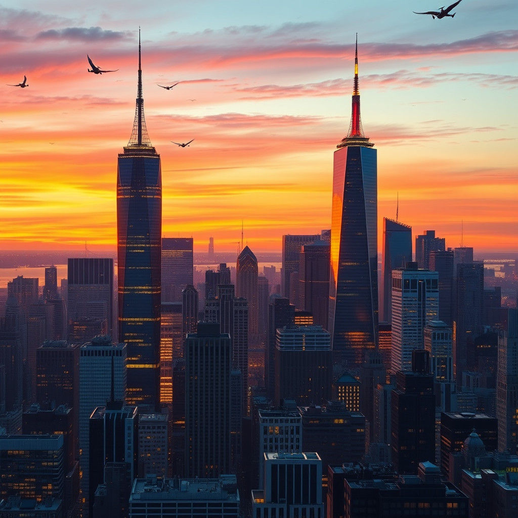 New York City Skyline at Dusk: Futuristic Cityscape