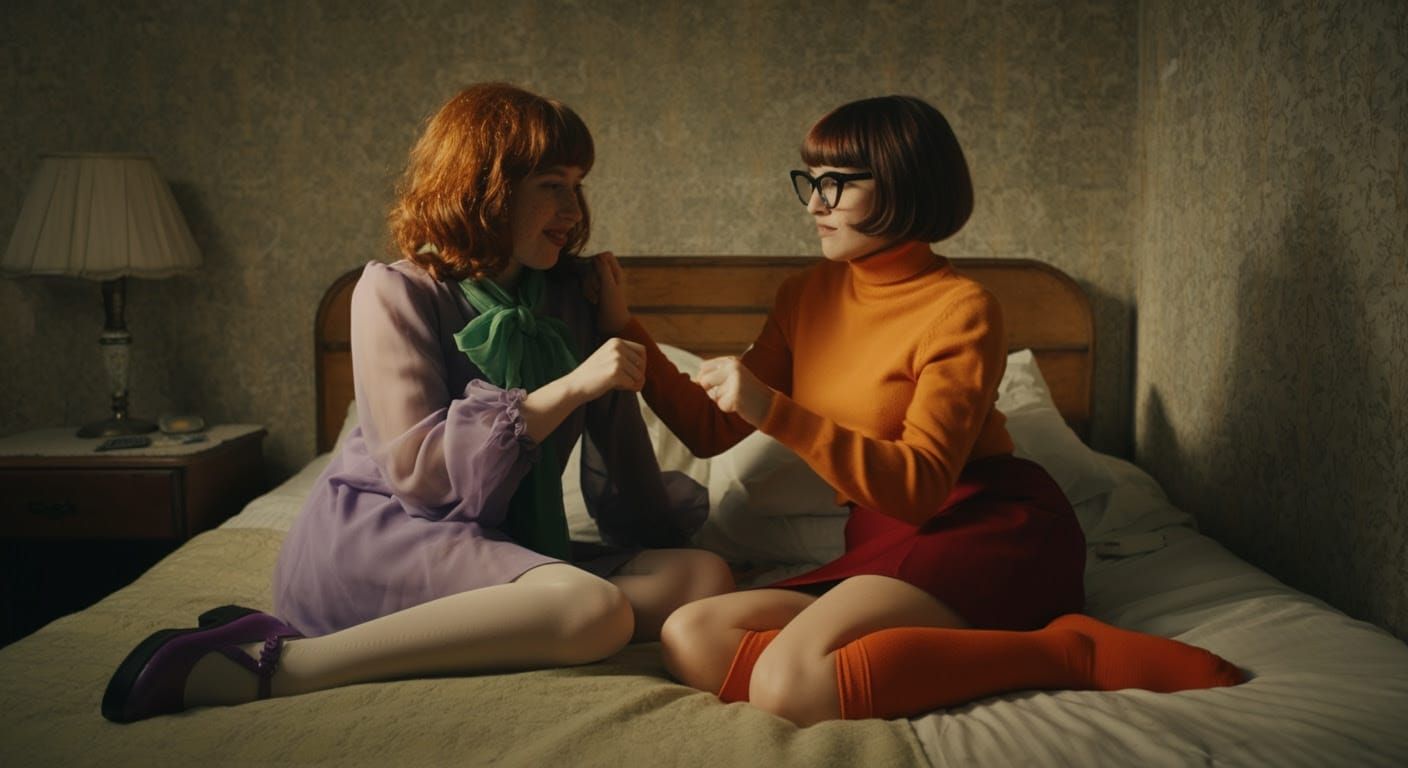Vibrant Women in Retro Motel Room, Soft Lighting