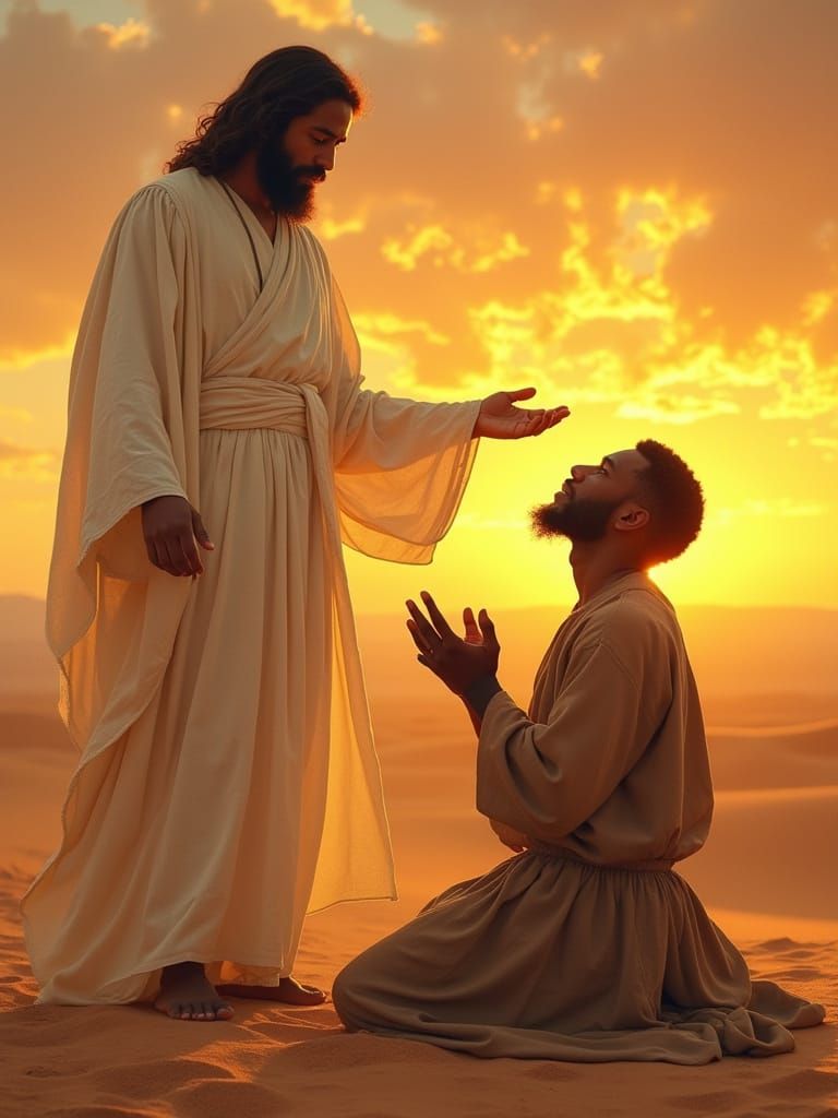 A Devout Black Man Encounters Jesus in the Desert Sunset