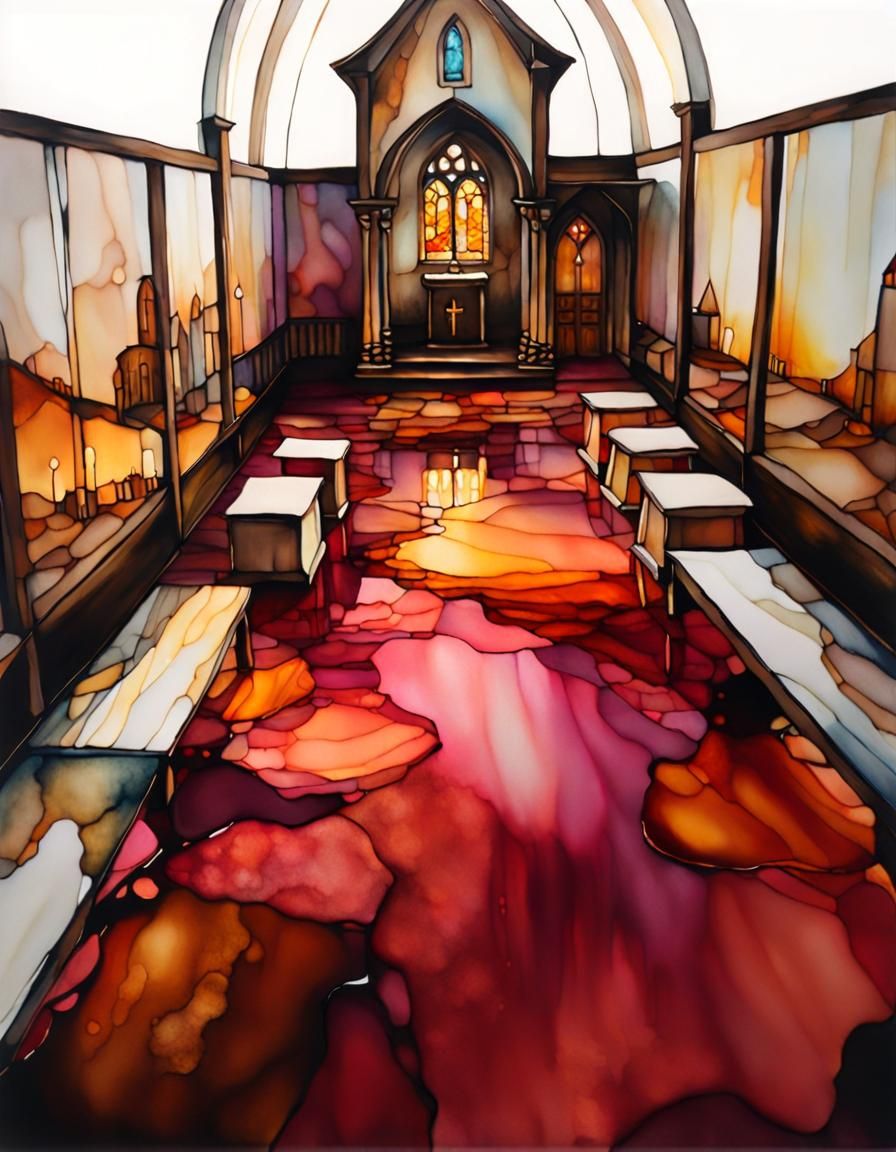Intense Alcohol Ink Chapel Interior with Amber Light