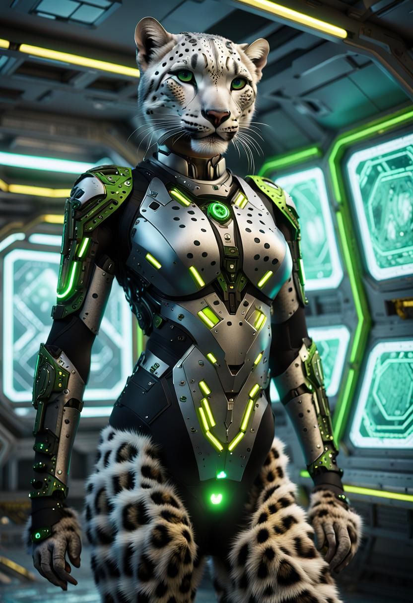 Hyperrealistic Snow Leopard Humanoid Female in Futuristic Sp...