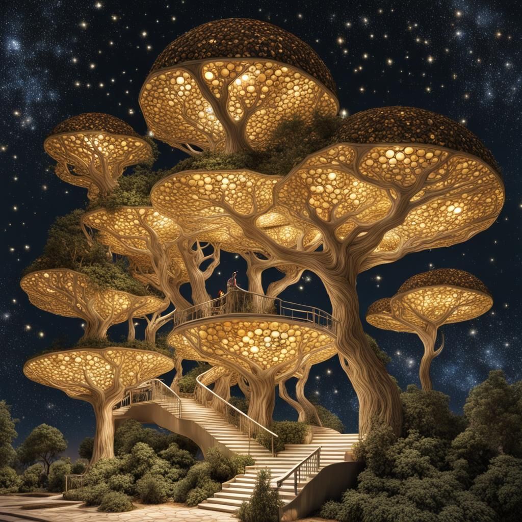 Bioluminescent Honeycomb Trees in Hyperrealistic Style