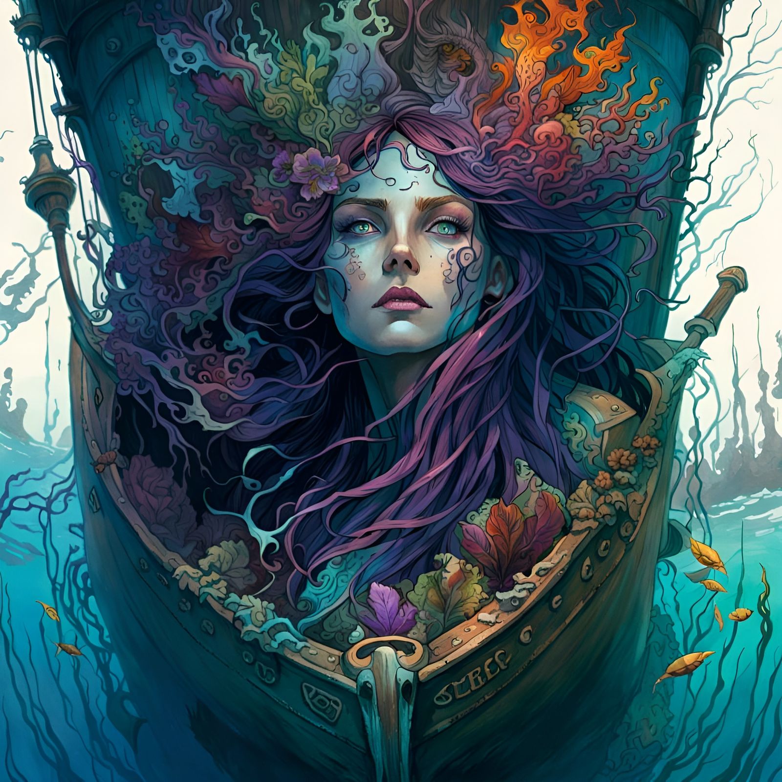 Sea Witch in Sunken Ship: Detailed Art