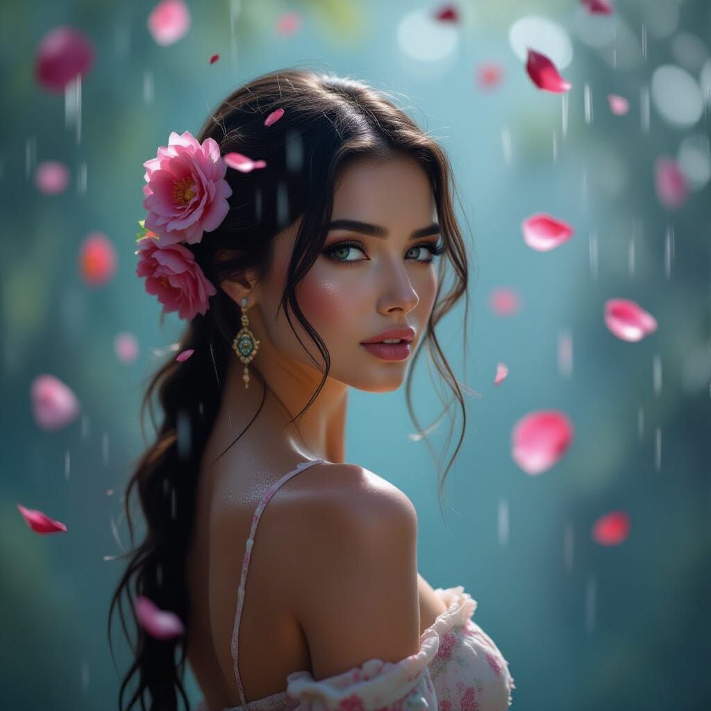 Neo-Romantic oil painting, strange beauty looking over shoul...